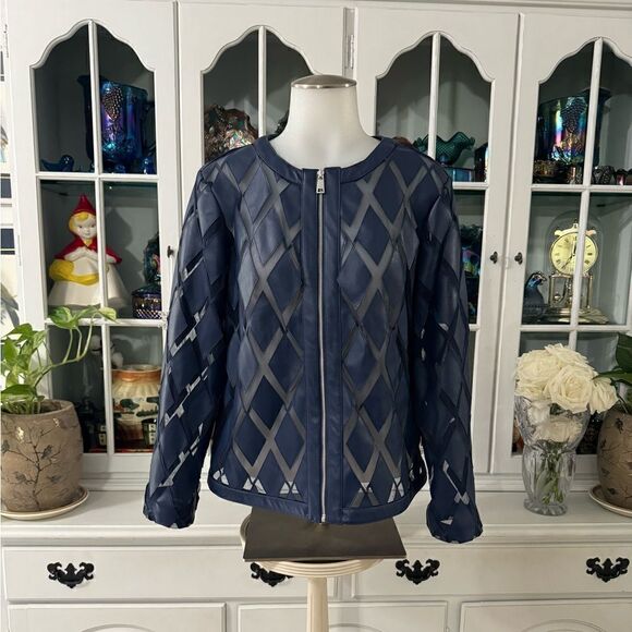 Colleen Lopez Faux Leather Mesh Jacket Size Small Zip Front Navy - Picture 1 of 12
